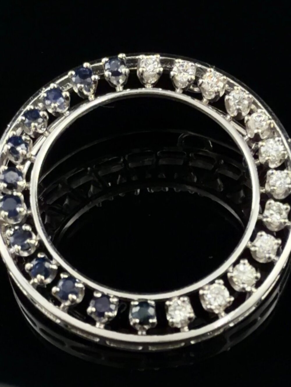 14K White Gold Natural Sapphire & Diamond Circle Pendant Brooch Estate
